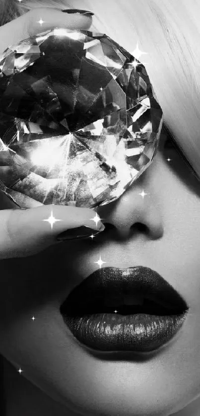 Monochrome wallpaper featuring a glamorous diamond held over lips in black and white.