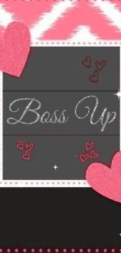 Chic pink and black wallpaper with hearts and 'Boss Up' text.