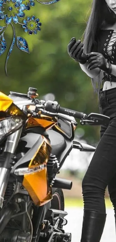 Wallpaper featuring a woman and motorcycle with orange accents against a rich background.