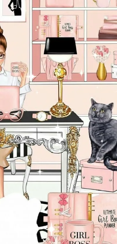 Stylish girl boss office with pink decor and gray cat.