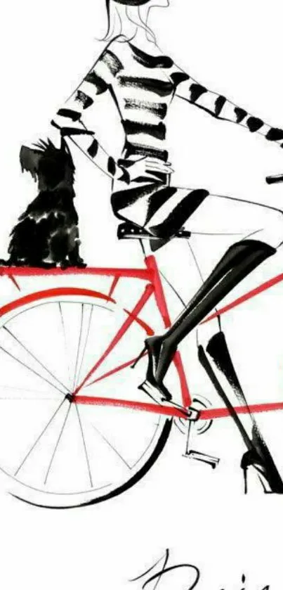 Parisian woman in chic style on red bicycle illustration.