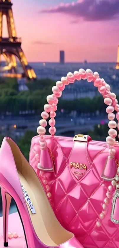Pink handbag with Eiffel Tower background, stylish mobile wallpaper