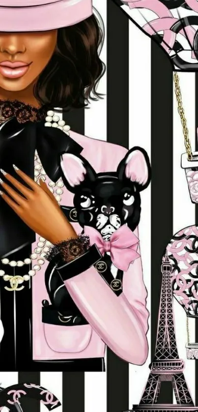 Chic Parisian mobile wallpaper with fashion theme in pink and black colors.