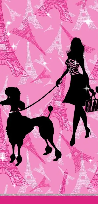 Silhouette of woman and poodle on pink Eiffel Tower background.