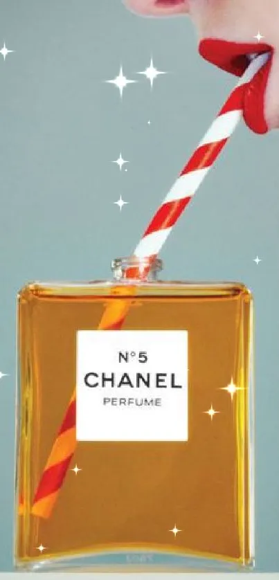 Chanel perfume bottle with creative pop art design on a blue gray background.