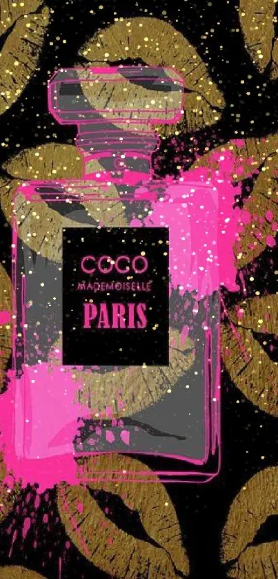 Chic mobile wallpaper with golden lips and pink perfume bottle on black.