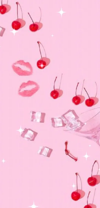 Pink aesthetic wallpaper with cherries, ice cubes, and a cocktail glass.