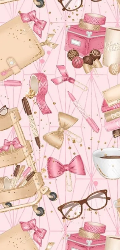 Chic pink aesthetic wallpaper with elegant elements and coffee cups.