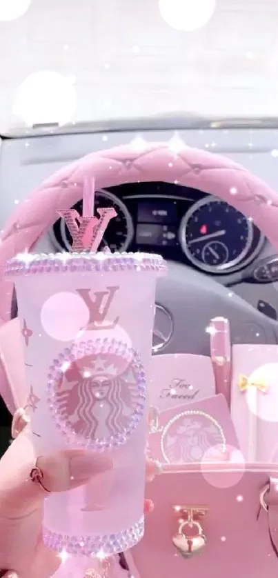 Chic pink-themed car interior with luxury branding and stylish accessories.