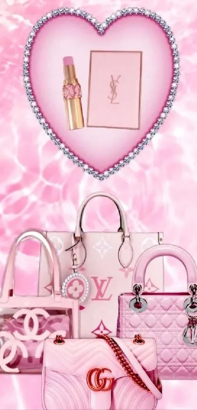 Pink designer bags and beauty in an elegant wallpaper.