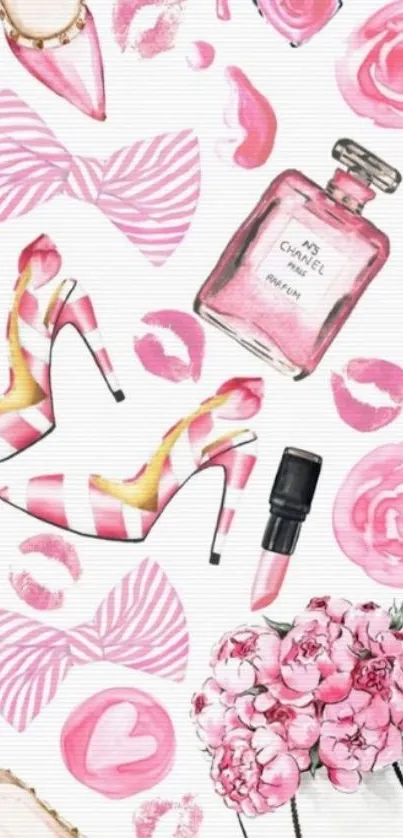 Chic pink fashion wallpaper with shoes, perfumes, and cosmetics.