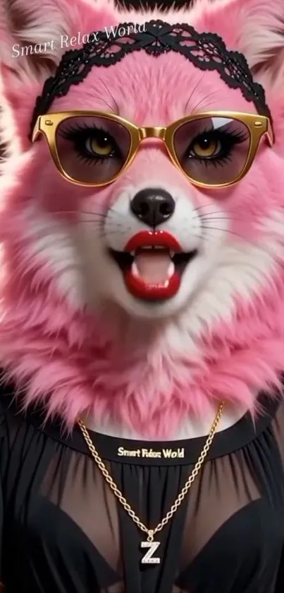 Chic pink fox wearing sunglasses with stylish accessories.