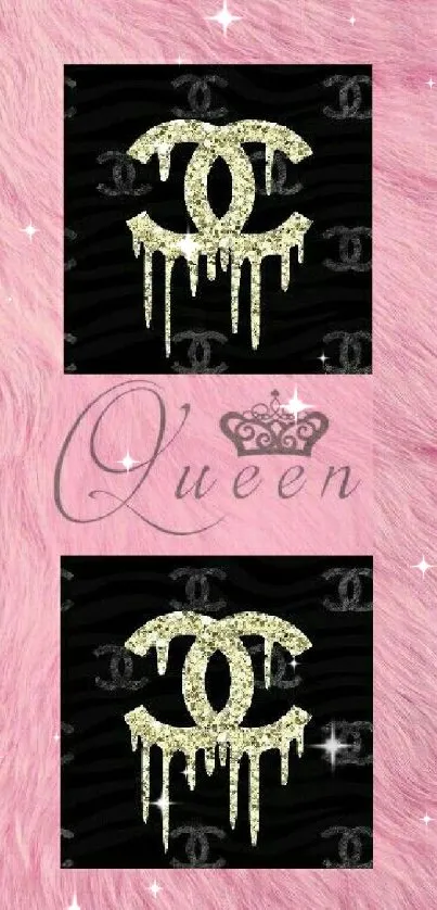 Luxurious pink fur wallpaper with gold logos.