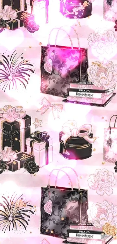 Pink and black chic wallpaper with gifts and flowers