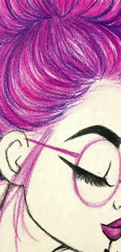 Artistic sketch of a woman with vibrant pink hair in glasses.