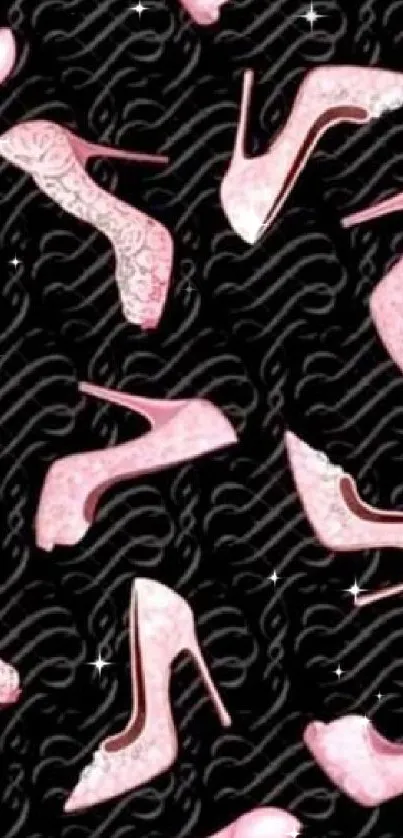 Wallpaper with pink high-heel shoes on black wave background.