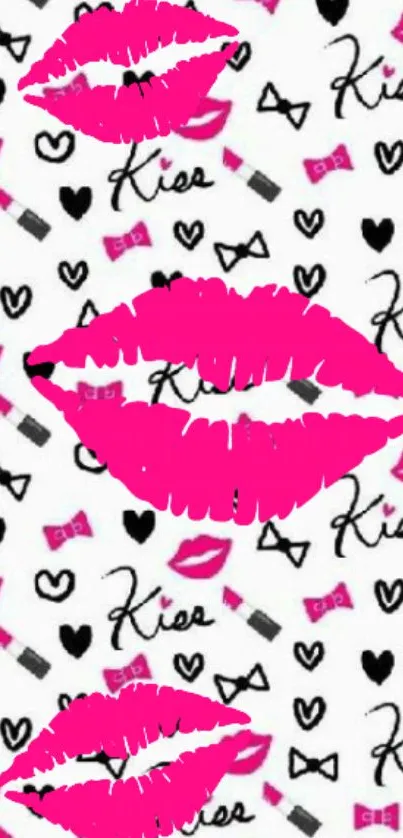 Mobile wallpaper with bright pink lips and playful fashion icons on a white background.