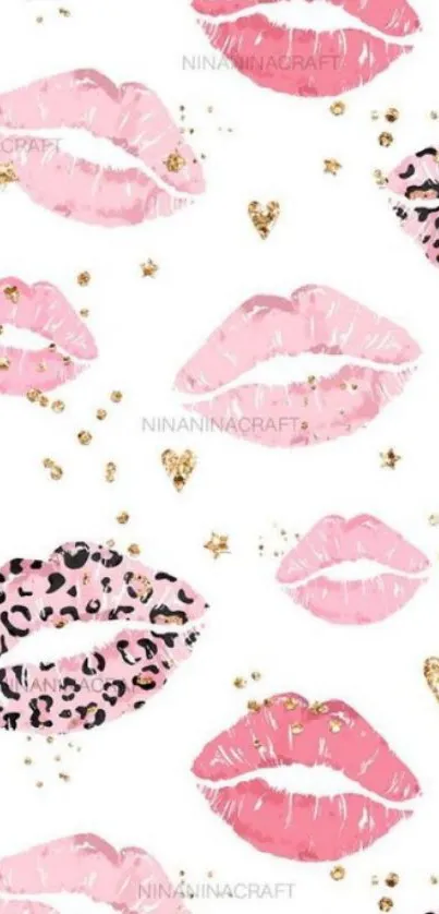 Pink lips and leopard pattern wallpaper with gold hearts.