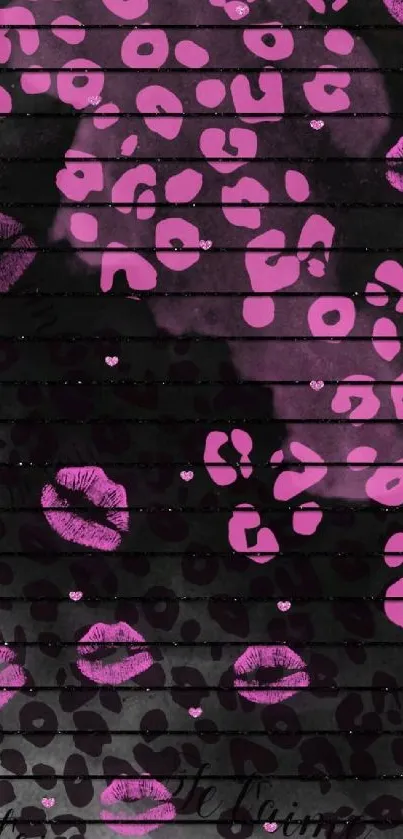 Pink lips and leopard print wallpaper with black background.