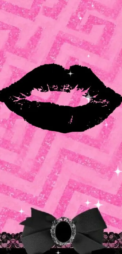 Pink background with black lips and a bow accent.