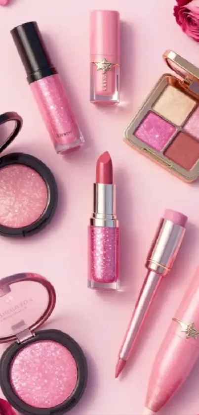 Pink makeup set with lipstick, blush, and eyeshadow.