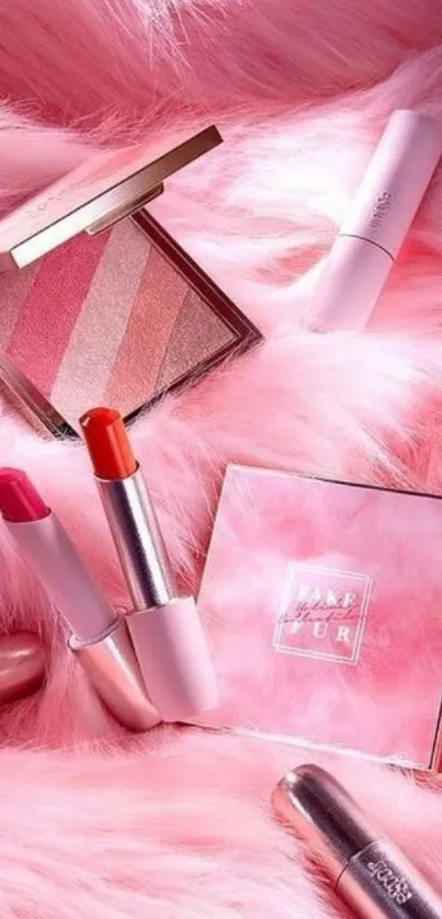 Pink makeup products on fluffy pink fur background.