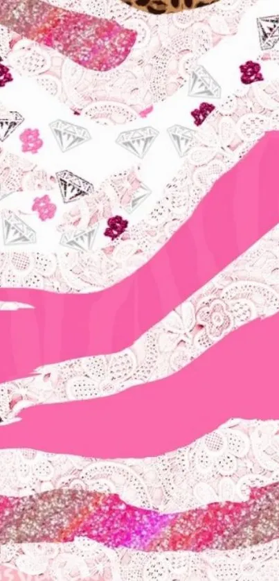 Chic pink pattern wallpaper with lace and leopard design.