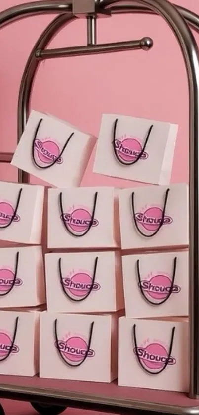 A display of chic pink shopping bags on a stylish rack.