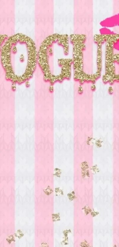 Chic pink striped wallpaper with gold accents.