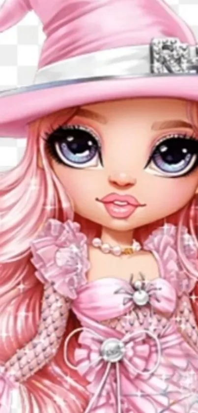 Aesthetic pink witch with flowing hair in whimsical attire.