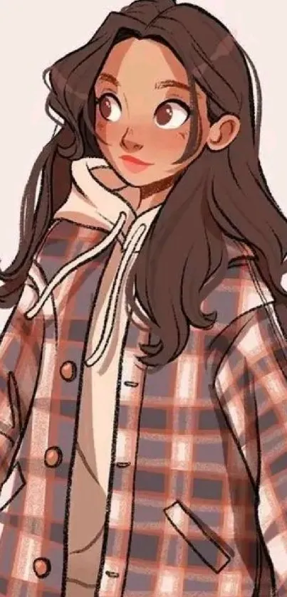 Anime girl in plaid jacket stylish mobile wallpaper.