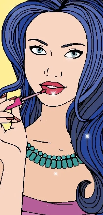 Pop art woman with blue hair applying lipstick.