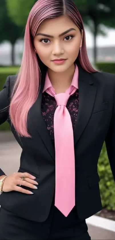 Woman in black suit with pink tie, outdoors.