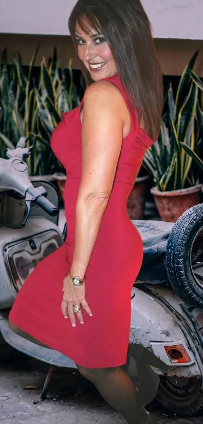 Woman in a red dress with vintage scooter backdrop.