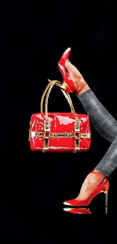 Red heels and handbag on black background mobile wallpaper.