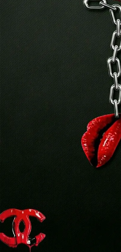 Chic black wallpaper with red lips hanging on a chain.