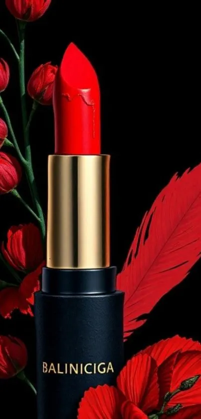 Bold red lipstick with gold accents and vibrant red flowers.
