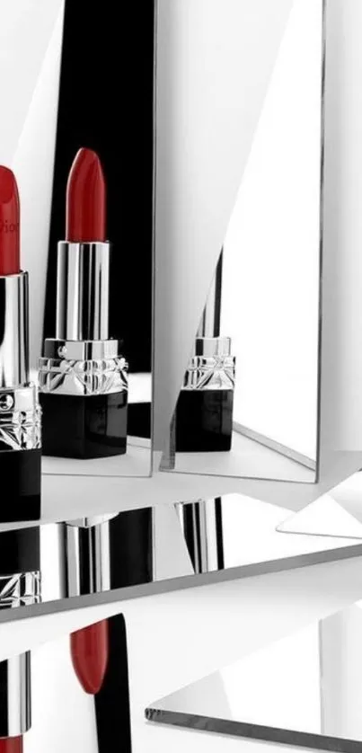 Red lipstick with mirror reflections in chic wallpaper design.