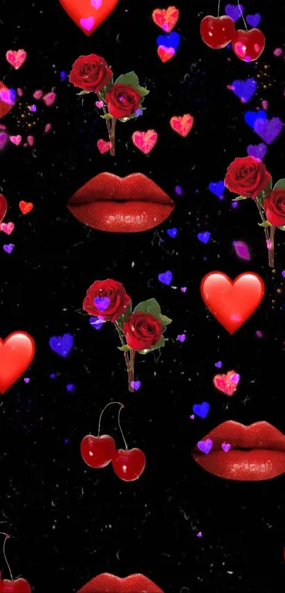 Chic red roses, lips, hearts, and cherries on a black background wallpaper.