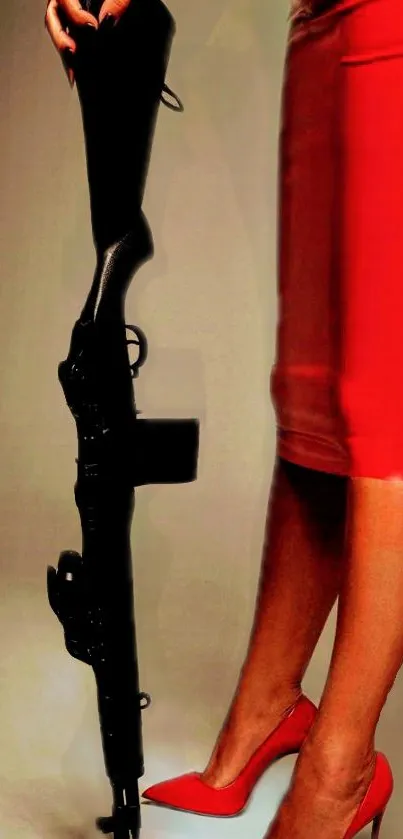 Wallpaper featuring a chic red skirt and rifle, stylish and bold for mobile screens.