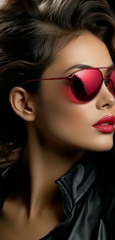 Stylish woman in red sunglasses and leather jacket.