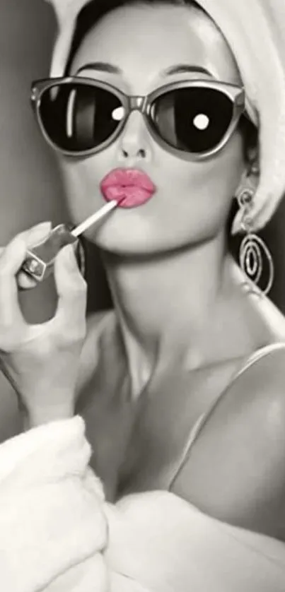 Chic woman applying lipstick in retro style image.