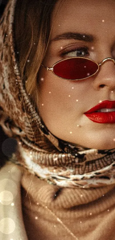 Stylish woman wearing a scarf and red sunglasses.