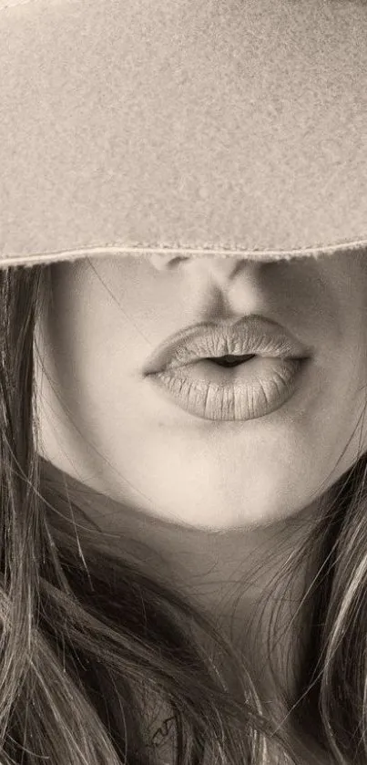 Sepia portrait with stylish hat and lips.