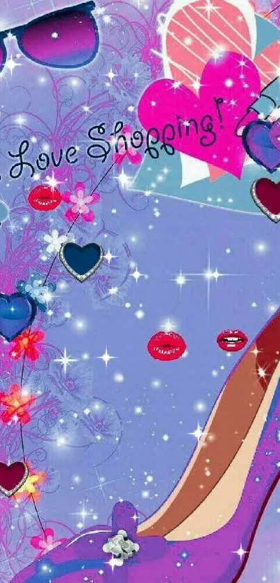 Chic purple wallpaper with high heel, hearts, and shopping theme.