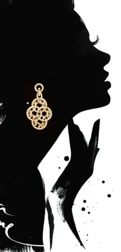 Elegant silhouette art with gold jewelry on a black and white background.