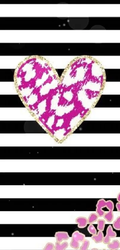 Striped wallpaper with pink heart and gold accents.