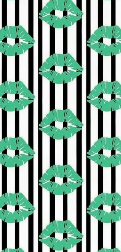 Bold green lips on chic striped background mobile wallpaper.