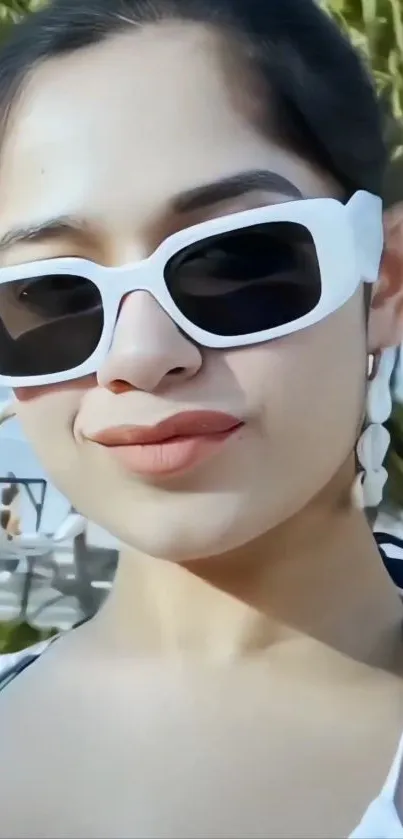 Stylish woman in sunglasses at the beach.