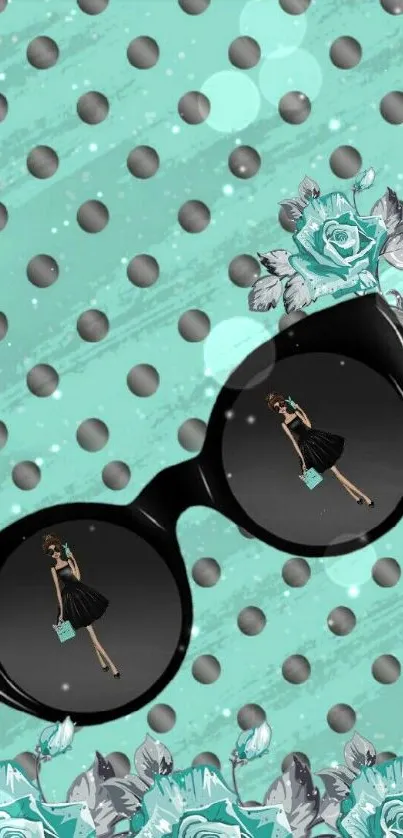 Chic sunglasses with turquoise roses and polka dot background.